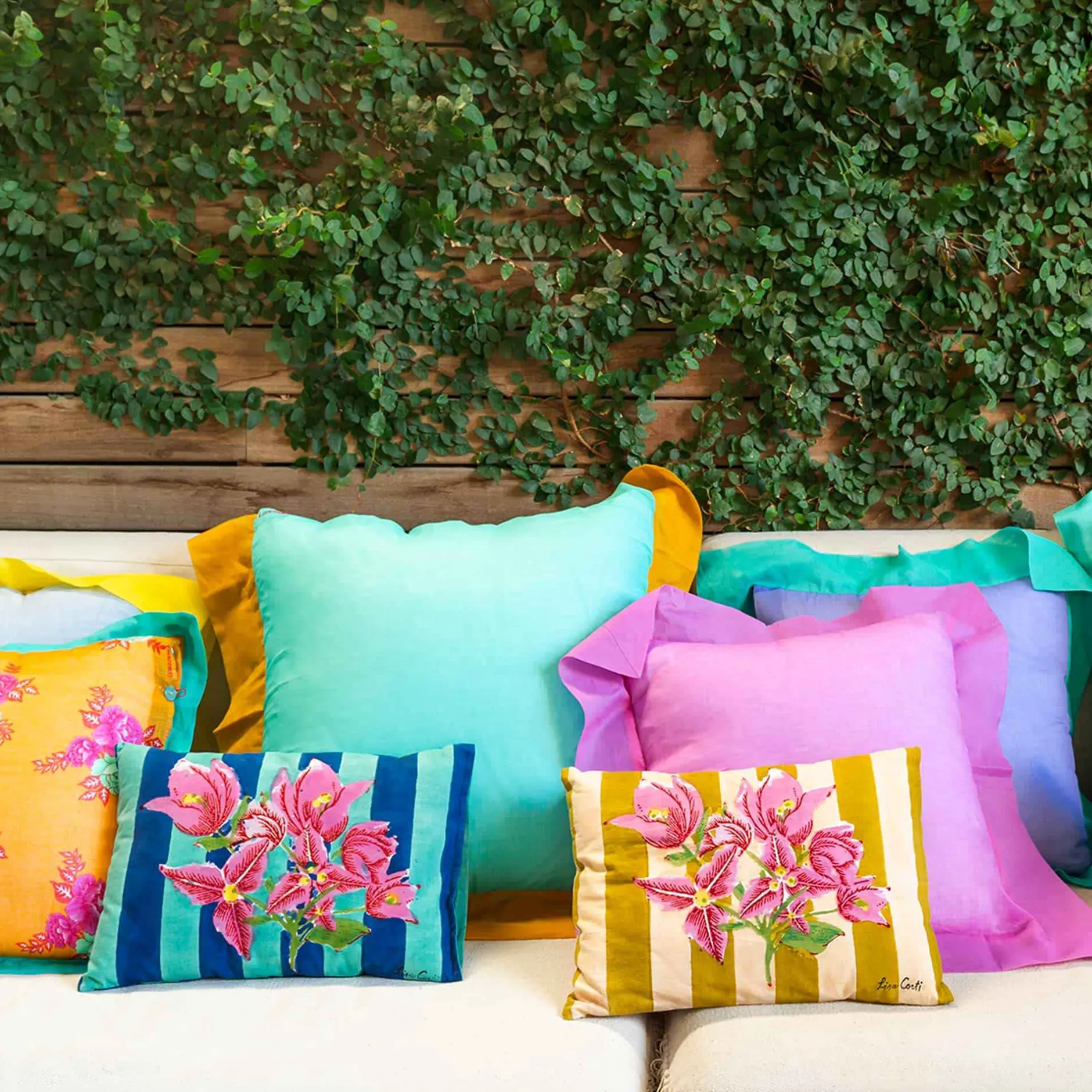 X Lisa Corti Bougainvillea Mustard Stripes Baby Pillow^ISSIMO Online