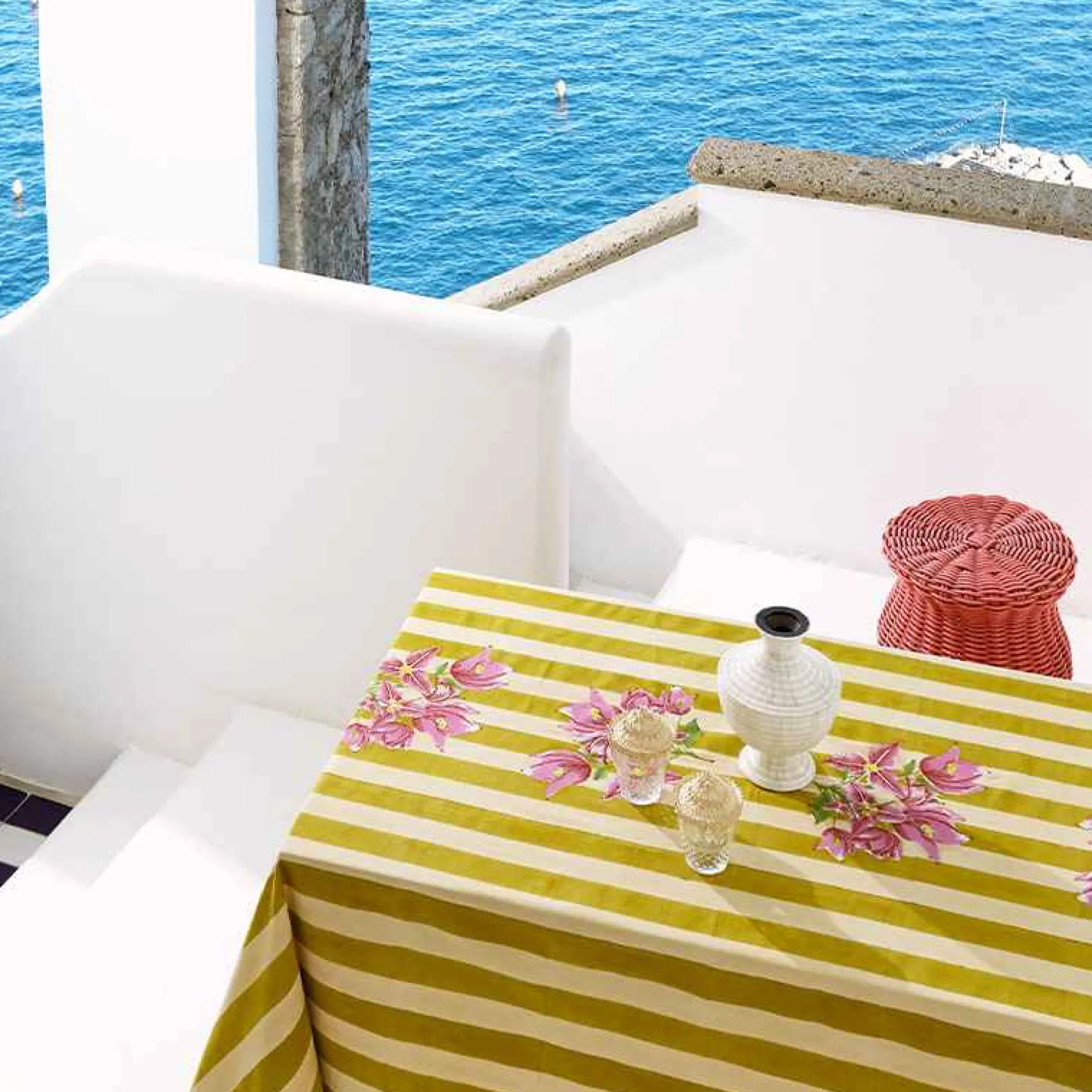 X Lisa Corti Bougainvillea Mustard Stripes Tablecloth^ISSIMO