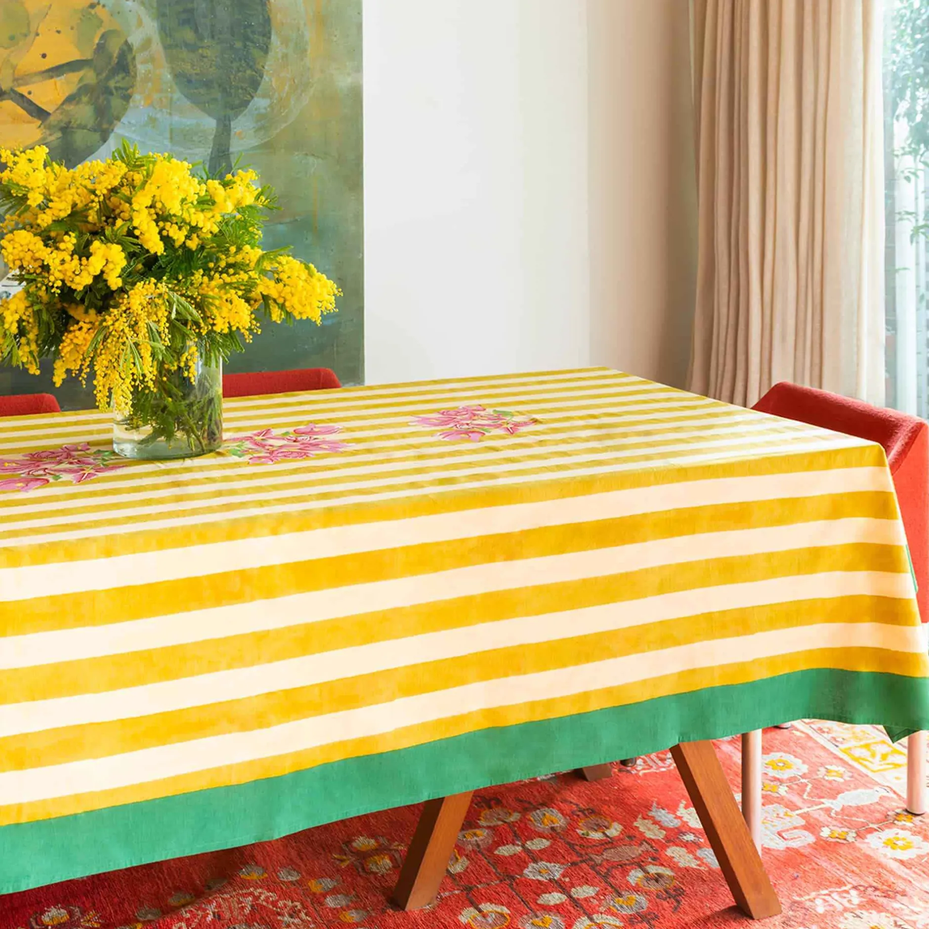 X Lisa Corti Bougainvillea Mustard Stripes Tablecloth^ISSIMO