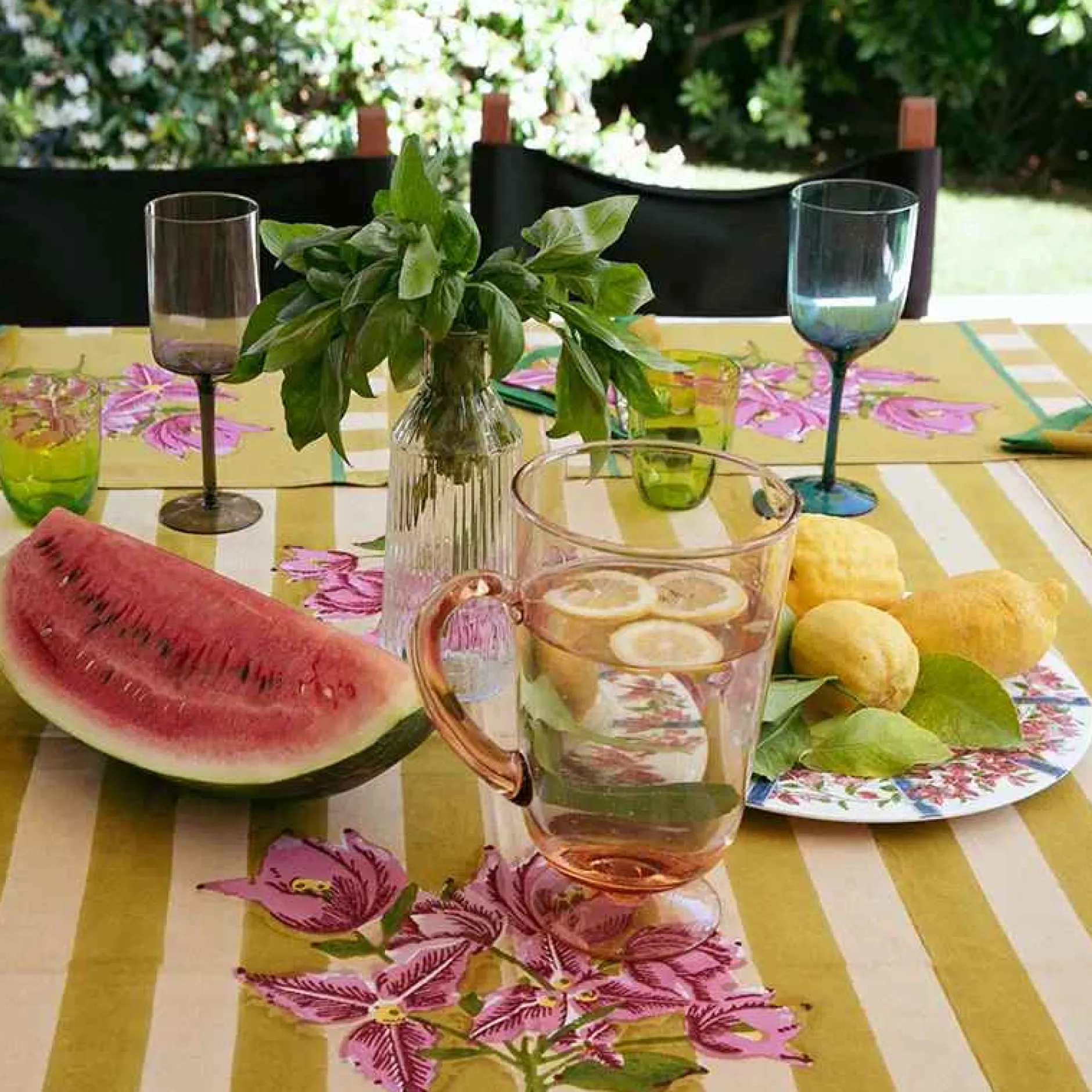 X Lisa Corti Bougainvillea Mustard Stripes Square Tablecloth^ISSIMO Hot